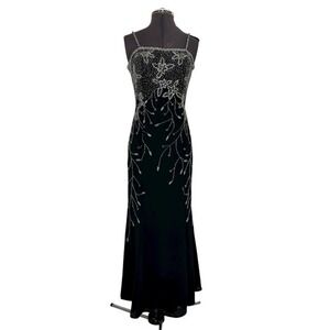 Night Scene Black Flower Beaded Spaghetti Straps Wedding Guest Prom Maxi Dress S